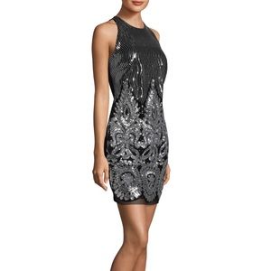 Black and silver sleeveless sheath cocktail dress
